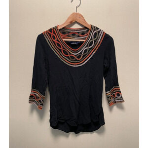Vintage Womens Top Small Black Abstract Embroidered 3/4 Sleeve Artsy Boho Y2K